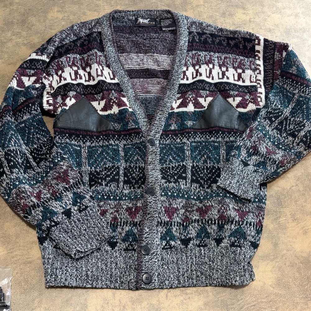 Impact Cardigan Sweater Mens Medium Multicolor Leather Trim Geometric‎ Knit 0233